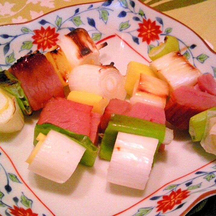 焼き豚と葱の串焼き